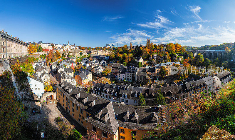 秋天，从阳台上俯瞰卢森堡老城(Ville Basse) 180度全景。